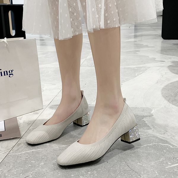 

knit pumps women fashion mesh breathable square toe thick high heels 2020 casual office shoes square heel with rhinestone pumps, Black