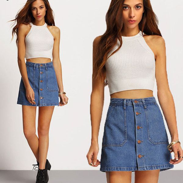 

2019 summer new arrivals single button pockets blue jean skirt style saia jeans denim skirt high waist a-line mini skirts women, Black