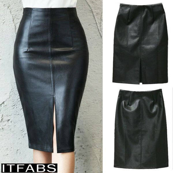 

womens club high waist bodycon pu leather stretch business pencil midi skirt, Black