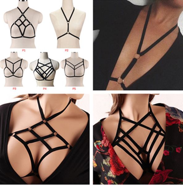 

hollow out women gothic elastic cage crop bras erotic lingerie strappy bra bustier bandage bra black harness, Red;black