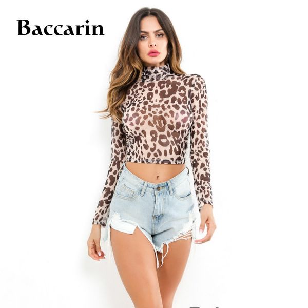 

autumn fall women belly shirt long sleeve leopard print turtleneck crop mesh see through blouse high street wt3183d, White