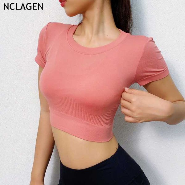 

sport shirt women seamless summer fitness gym yoga push-up workout clothing dry fit running short sleeve crop nclagen, White;red