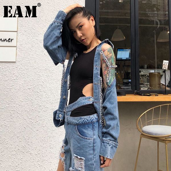 

eam] 2019 new autumn winter lapel long sleeve blue denim chain split hollow out personality jacket women coat fashion jt678, Black;brown