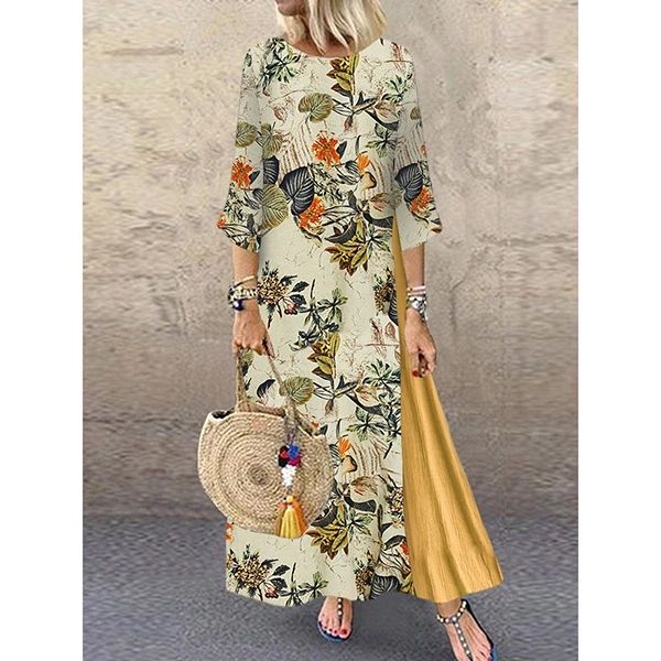 

women summer boho floral o neck long sleeve maxi dress ladies casual loose dress oversized kaftan beach sundress, Black;gray