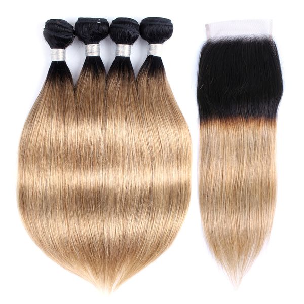 

ombre straight hair bundles with closure 1b 27 honey blonde brazilian virgin hair 4 bundles with 4x4 lace closure remy human hair extensions, Black;brown