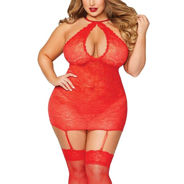 

women night dress nightgown halter plus size lace lingerie keyhole babydoll chemise with garters nuisette #2n15, Black;red