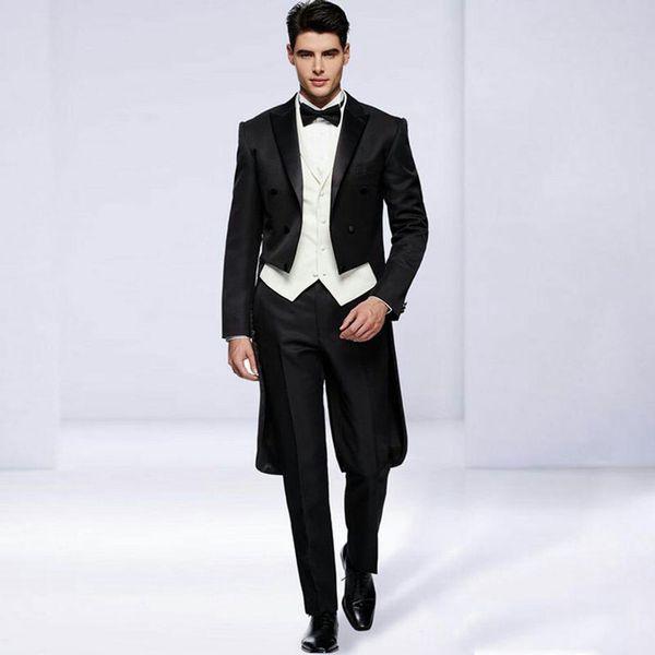 Acheter Matin Parti Sur Mesure Black Tailcoat Hommes Costumes Pour Mariage Longue Veste Mariée Tuxedos 3 Pièces Blanc Gilet Homme Blazer Sur Mesure