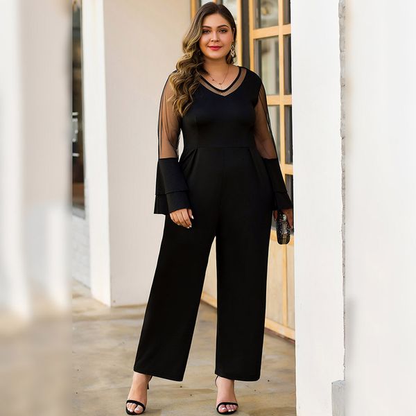 

2019 autumn large size rompers flare sleeve v neck womens jumpsuit ladies party regular mesh sleevee club wide leg pants, Black;white