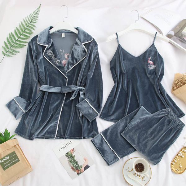 

winter warm women pajamas 3 pcs winter sleepwear gold velvet pajamas set flamingo long sleeve thicken female home clothes, Black;red