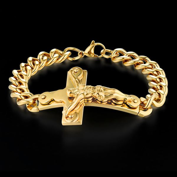 

men's bracelets stainless steel cuban chain crucifix jewelry gold color braslet for man jesus cross bangle bracelet, Golden;silver
