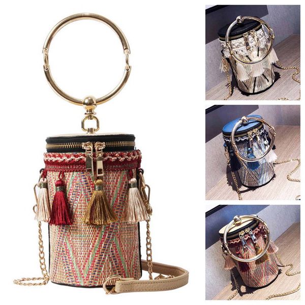 

portable messenger bag woven fringe bucket bag pu leather ethnic style mini women's totes trendy shoulder