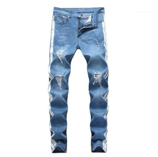 

casual ripped distressed long light blue striped jean pants fashion trousers holes mens designer jeans street style