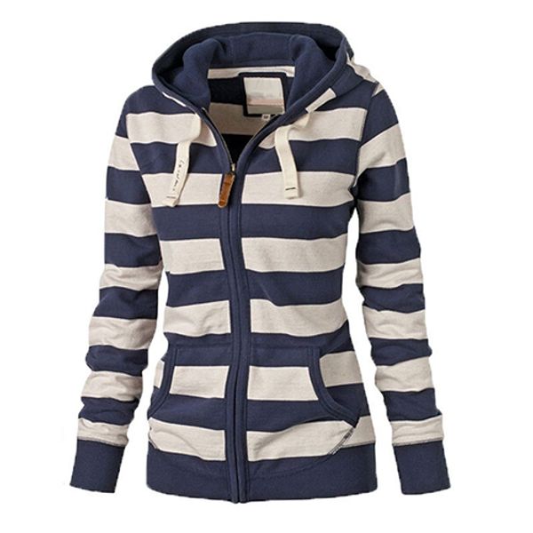 

women warm striped hoodie sweatshirt hooded pockets jacket zipper coat, Black
