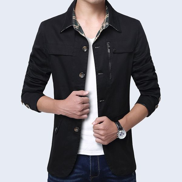 

2019 spring and autumn new style men's casual trench coat mid-length fold-down collar trench coat men's pure cotton, Tan;black
