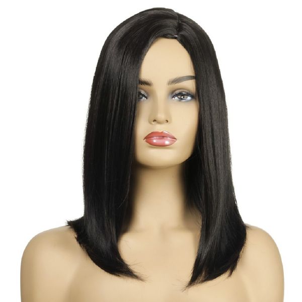 

2019 new design fashion 43cm medium straight black synthetic hair wigs cap for women ing