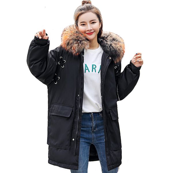 

winter jacket jacket thick skin collar female overcoat long warm two big pockets, Black