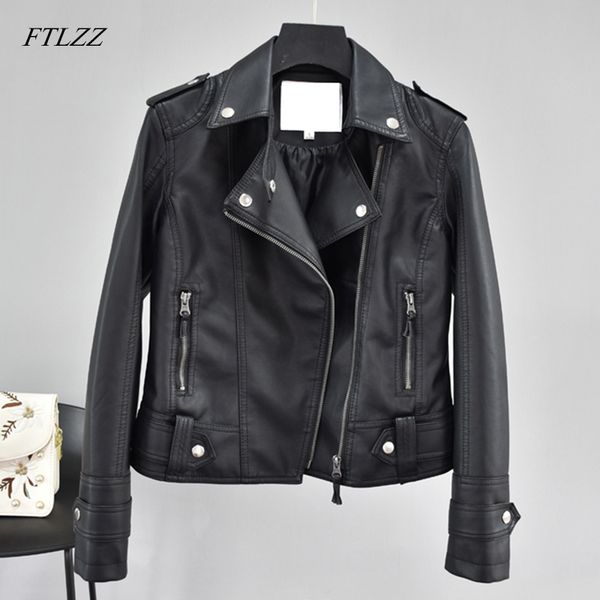 

ftlzz new spring autumn women short faux leather jacket slim fashion punk outwear motorcycle leather jackets casual pu coat, Black