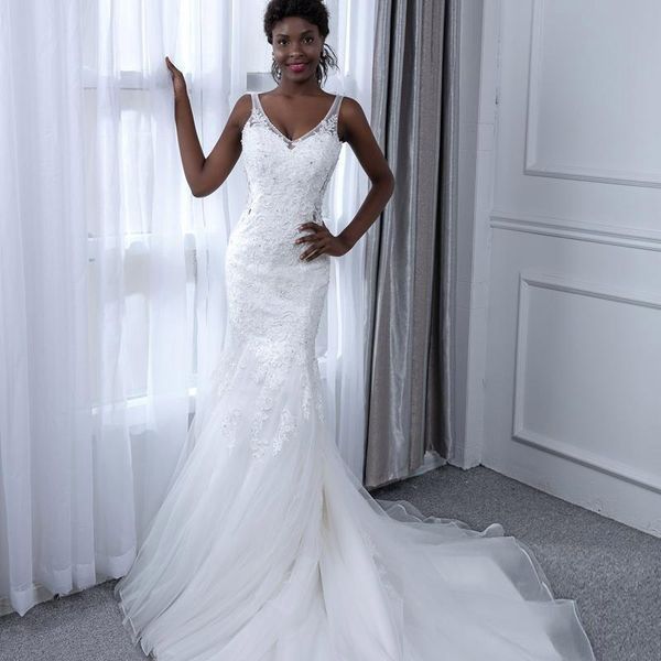 

stunning mermaid wedding dresses 2020 v neck sheer strap ruched tulle sweep train african bridal gowns custom made robe de mariee, White