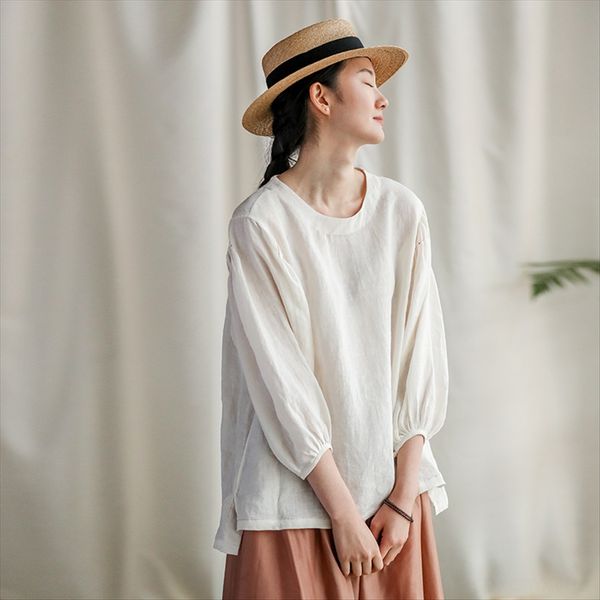 

2019 design women's pure linen artistic blouse women's loose autumn sleeve sleeve clip lantern t-shirt lantern jacket t-shirt, White