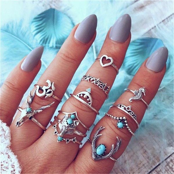 

12 pcs/set bohemian retro deer heart om gem geometric silver rings women party jewelry wedding accessories lover gifts, Golden;silver