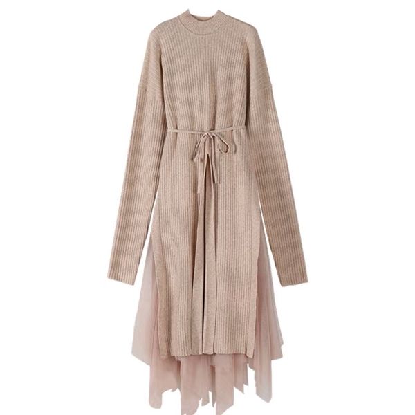 

yosimi 2019 spring autumn women two-piece suit set vintage female dress turtleneck long sleeve pullover loose sweater+mesh dress, White