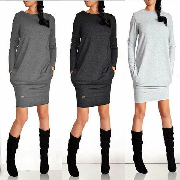 

casual ladies dresses women winter knitted jumper gray sweater pullover knitwear long dress with pocket gray/dark gray, Black;gray