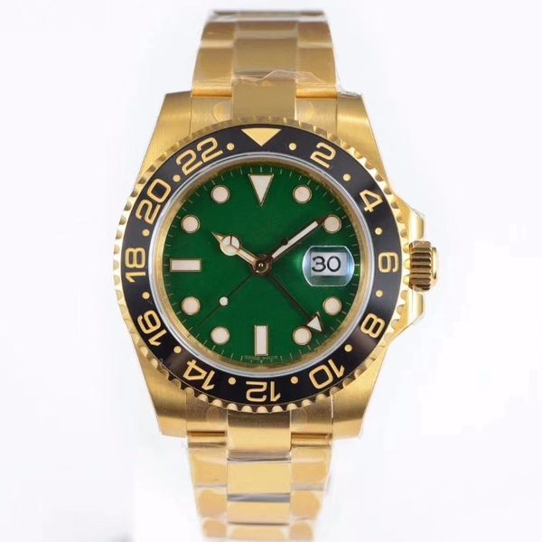 

Luxury men watch eta 2836 automatic mechanical dual time 316 tainle teel apphire gla 40mm ceramic bezel waterproof gold green watch