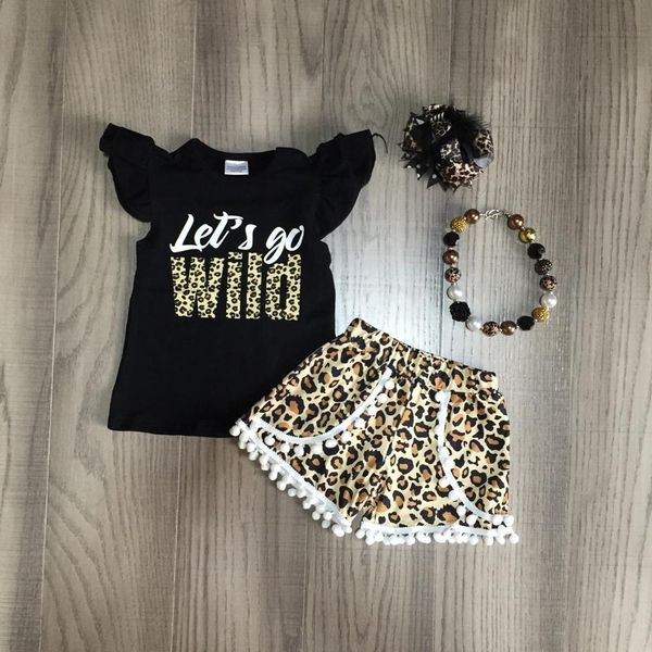 

new summer baby girls children clothes pom-pom shorts let's go wild black leopard outfits ruffles boutique match accessories t200526, White