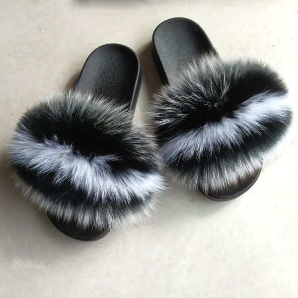 

real fur slides 2020 women plush fox fur slippers colorful fur fox slides, Black