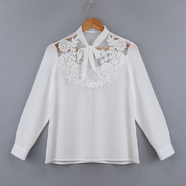 

new women long sleeve floral lace shirt transparent loose white