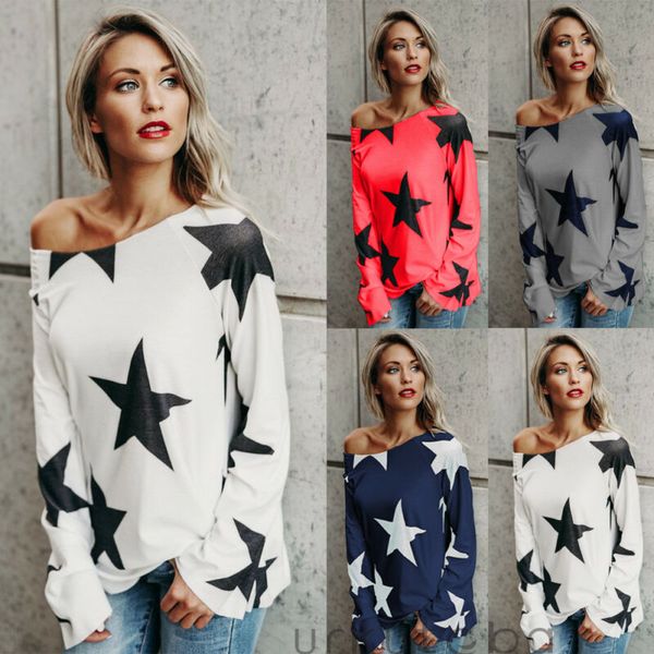 

women fashion new off shoulder stars printed long sleeve skew neck t-shirt ladies casual, White