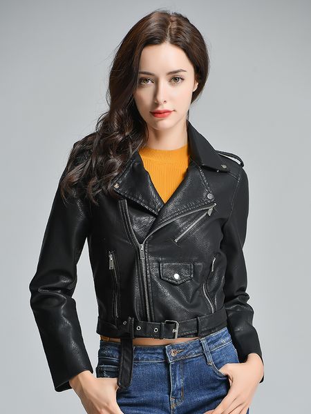 

new arrival 2019 brand winter autumn motorcycle leather jackets yellow leather jacket women coat slim pu jacket, Black