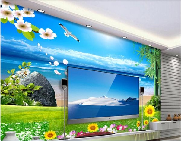 

3d wallpaper custom p mural blue sky, white clouds, beach grass, flowers, natural scenery, background wall home decor wall art pictures