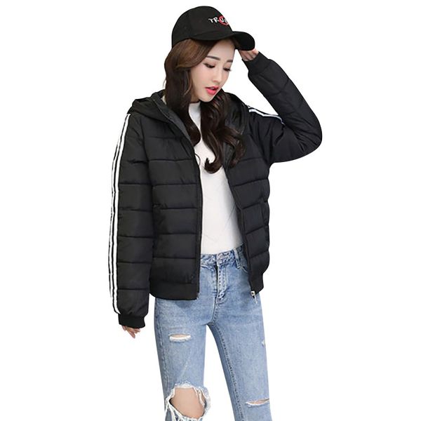 

students style autumn winter hooded long-sleeved coat cotton jacket solid color striped sports short down for women girls, Black