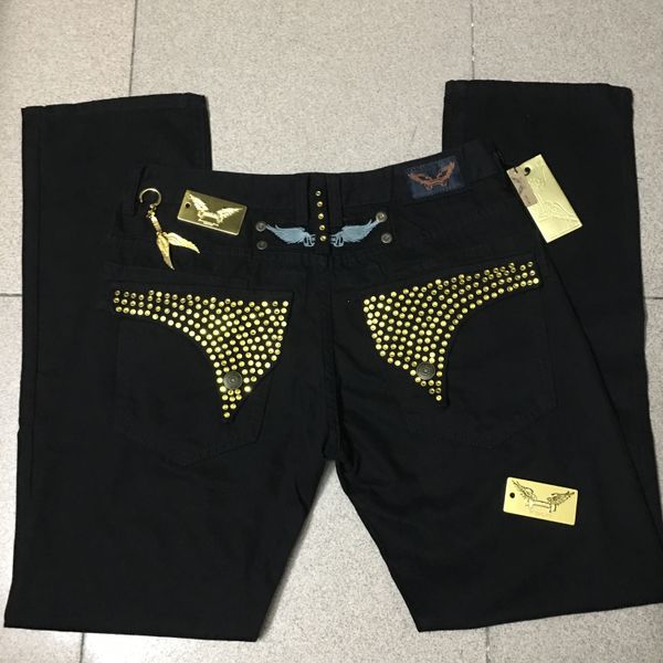 

mens robin rock revival jeans crystal studs men denim pants designer rb trousers wing clips plate tag men's jean size, Blue