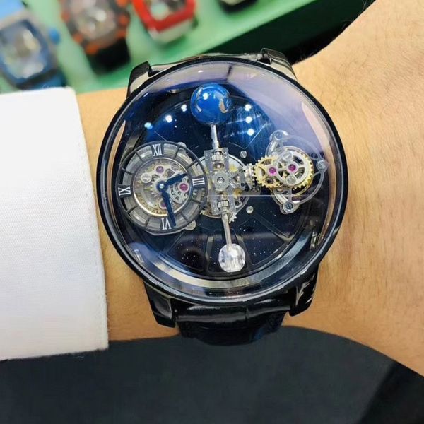 

precious men's wristwatch swiss quartz movement size 45mm x 18mm blue-light phantom crystal glass 316 steel leather strap pin buckle wa, Slivery;brown