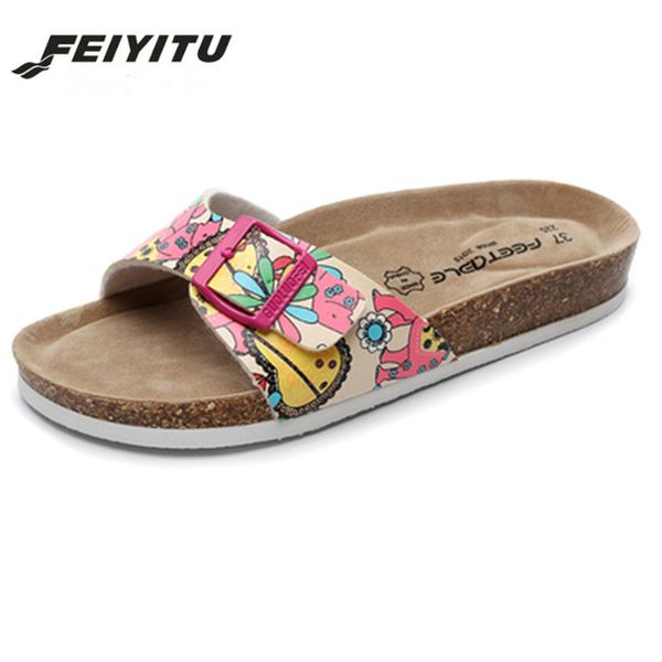 

2020 new fashion summer cork slipper women casual beach solid color lovers leather flats slides shoe black white red brown 35-44