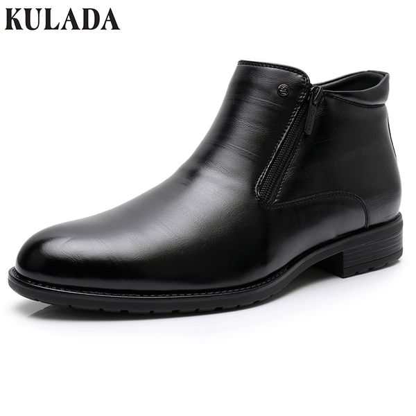 

kulada business boots mens winter ankle boots men leather double zipper side thick artificial fur men winter dress shoes, Black