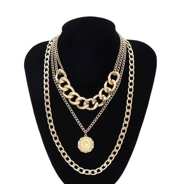

punk women chunky necklace vintage metal portrait coin pendant multilayer curb chain necklace gold choker hip hop jewelry, Golden;silver