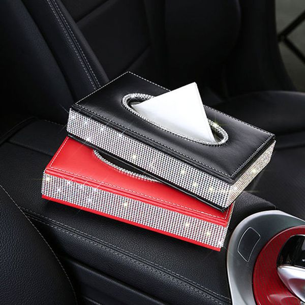 

pu leather tissue box holder bling rhinestone crystal rectangular napkin pumping paper case dispenser for home office car
