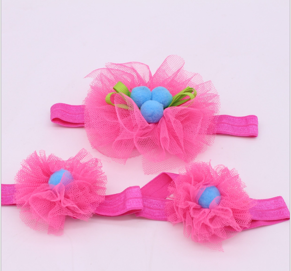 

european and american baby new head flower hair band korean baby head band foot flower p p three-piece core jewel, Slivery;white