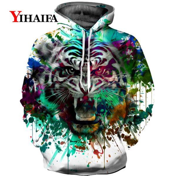 

men hoodies painted tiger 3d sweatshirt mens casual pullover animal graphic tracksuit hip hop hoodie, Black