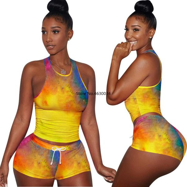 

tie dye print summer 2 piece set women tracksuit sleeveless crop shorts breathable sporting suit, White