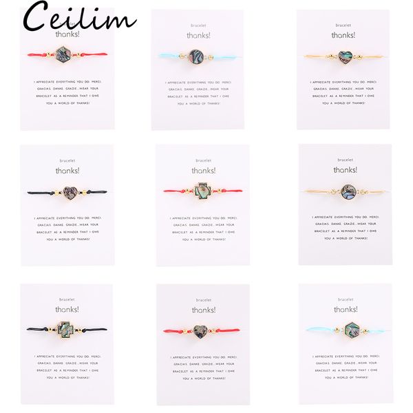 

abalone shell heart round cross hexag charm bracelet handmade braided rope friendship bracelet with card for women fashion designer jewelry, Golden;silver