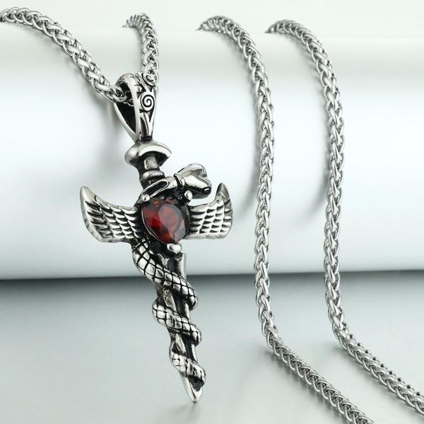 

vintage stainless steel snake necklaces sword&wing pendant for men fashion red heart crystal chains punk jewelry boys gifts cn71, Silver