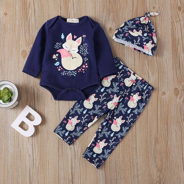 

baby toddler girls warm pattern long sleeve romper + pants clothes set, White