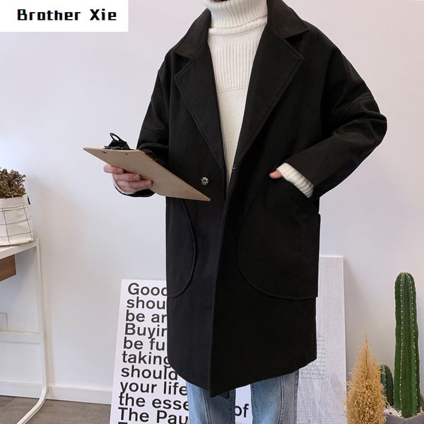 

winter new woolen coat men fashion solid color casual long section jacket man streetwear loose british wind coat male clothes, Tan;black