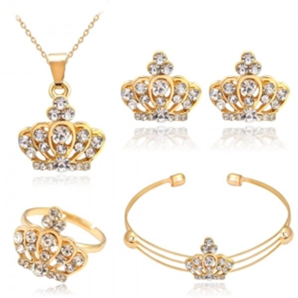 

2019 new luxury crystal crown necklace ring earring bangle jewelry set women style beautiful four-piece accessory bracelet, Silver