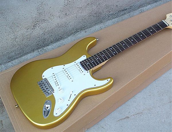 

golden color electric guitar with white pickguard,rosewood fretboard,offer customized as you request