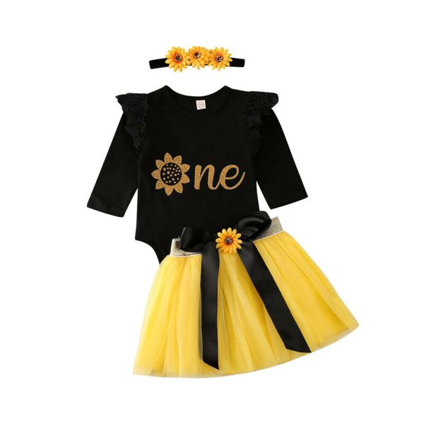 

toddler girl clothes 3pcs baby girl 1st birthday outfits party flowers long sleeve bodysuit +tutu tulle skirts+headband set, White